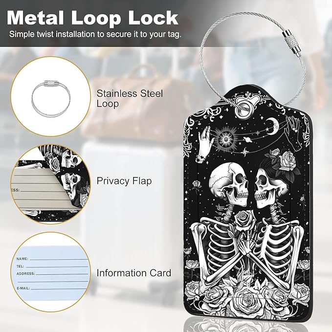 2Pack Luggage Tags for Suitcases, Cute Unique Pu Leather Cruise Luggage Tag with Privacy Cover ID Label Address Card and Metal Ring Suitable for Women Men Kids Travel Bag Skeletons and Flowers