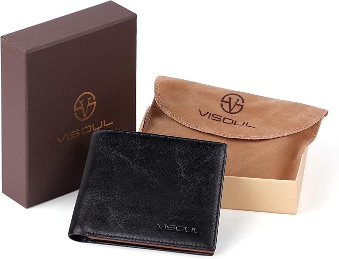 VISOUL Mens Bifold Wallet with 2 ID Windows and 2 Money Compartments, Genuine Leather Designer Wallet with RFID Blocking, Stylish Two-tone Back Wallet for Men (Black and Orange)