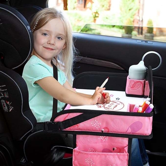 Kids Travel Tray, Car Seat Tray for kids Travel, Toddler Road Trip Essentials With Drawing Kit, Toddler Lap Desk Organizer for Car, Carseat Table for Airplane