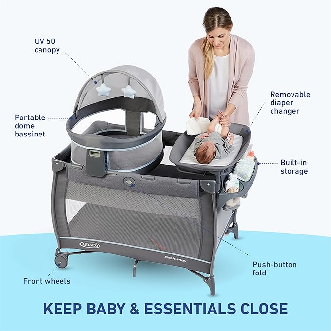 Graco Pack ’n Play Travel Dome LX Playard – Raised Travel Bassinet, UV‑50 Canopy, Changer & Storage, Astin