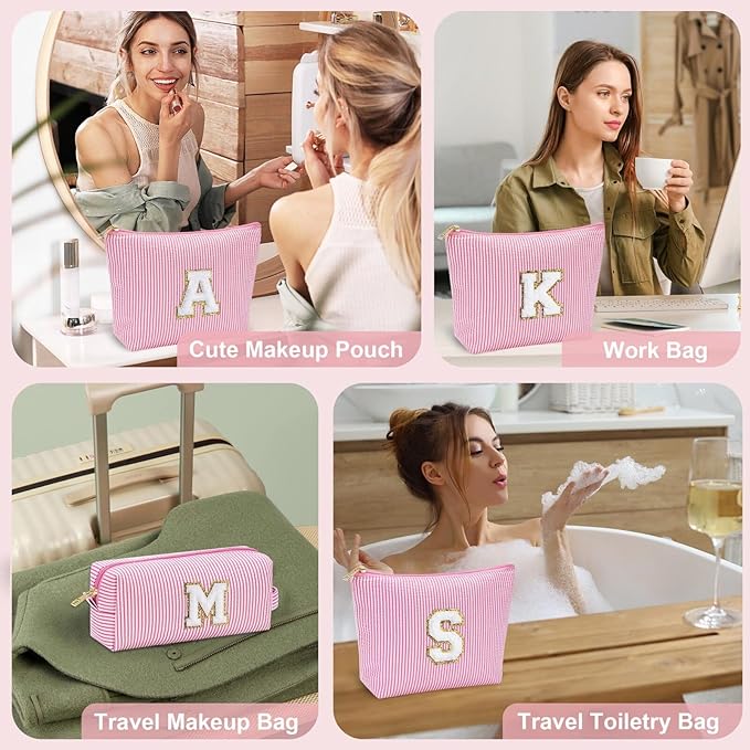 YOOLIFE Initial Makeup Bag for Girls, Travel Cosmetic Bag with Small Makeup Brush Bag Cute Makeup Bag Toiletry Travel Bag Personalized Wife Friend Gifts Makeup Birthday Gifts for Women Her Pink R