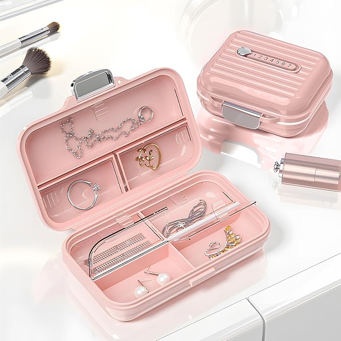 Travel Pill Organizer Box with Medicine Labels, 2Pack 7 Compartments Portable Pill Case, Daily Medication Organizer Storage Pill Container for Pocket Pharmacy(Pink S+L 2Pack)