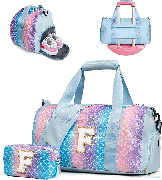 Dorm Room Essentials for Girls-Girl Gym Bag with Shoe Compartment, Kid Personalized Weekender Overnight Bags, Initial Travel Tote with Makeup Pouch, Preppy Stuff Gifts for Kids (Letter F)
