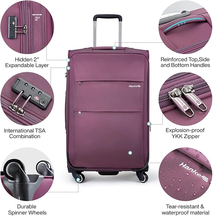 Hanke 20/28 Inch 2 Piece Luggage Sets with Spinner Wheels Expandable Luggage Large Suitcases with Wheels Lightweight Travel Luggage Rolling Suitcase with Lock Softside Checked Luggage.(Purple)