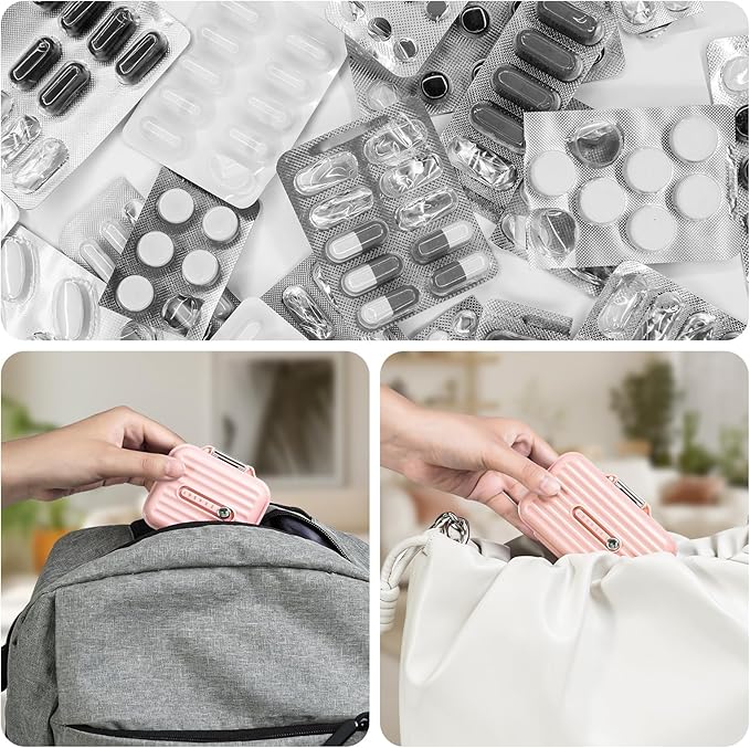 Travel Pill Organizer Box with Labels, 7 Compartments Portable Mini Pill Case, Daily Medication Organizer Storage Pill Container for Pocket Pharmacy(Pink, S)