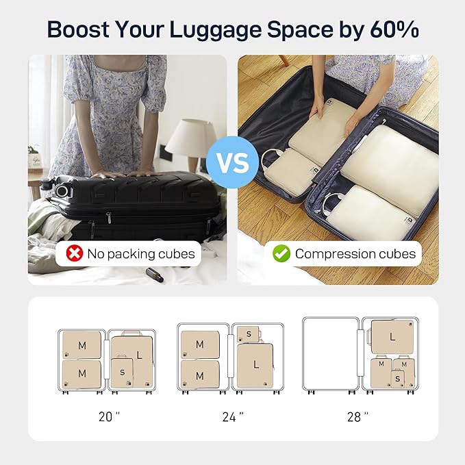 EPICKA 4 Set Ultra-Lightweight Compression Packing Cubes - Water Resistant Durable Travel Organizers Bags, Expandable Travel Accessories for Carry on, Luggage, Suitcase Backpack (Beige)