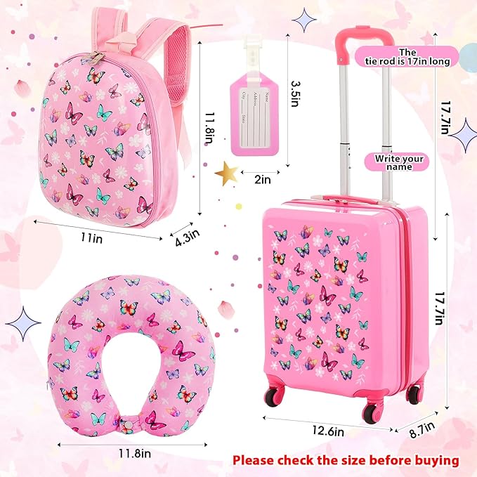 Sanwuta 4 Pcs Kids Luggage Set Kids Backpack Travel Rolling Suitcase with Wheels U-shape Pillow Childrens Gift for Girls Boys(17 Inch,Butterfly Style,Rose Pink)
