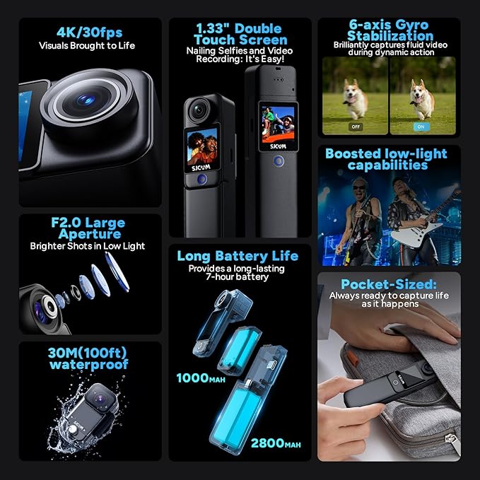 SJCAM C300 Pocket Action Camera 4K,7Hour Power, 6-Axis Stabilization, Dual-Touch Screen Body Camera,30M Waterproof,Vlogging and YouTube Live Streaming,with Accessories Kits,Black,Gifts with 64G Card