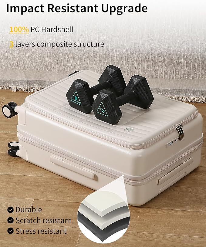 aji Expandable Top Open 26 Inch Checked Luggage with Spinner Wheels, Large Suitcase with TSA Lock, Hardside Travel Luggage Suitcases for Men Women, for 24+Days Travel, Coconut White
