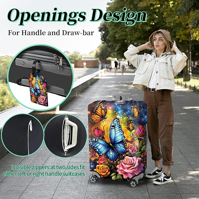 Luggage Cover + Tag, Colorful Rose Butterfly Travel Suitcase Cover for 18-20 inch Luggage (S) with Concealed Zipper, Washable Elastic Cloth, Dustproof, Anti-Scratch