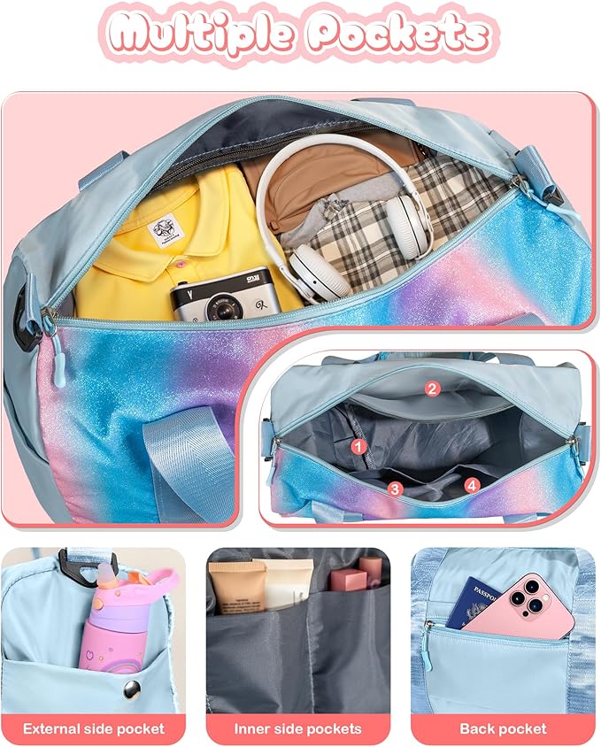 Gifts for 4 5 6 7 8 9 10 Year Old Girls-Girl Gym Bag with Shoe Compartment, Kid Personalized Weekender Overnight Bags, Initial Travel Tote with Makeup Pouch, Gift for Daughter (Letter G)