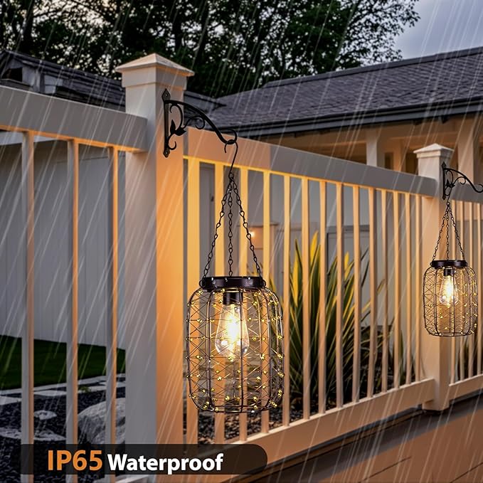 Hanging Solar Lanterns Outdoor Waterproof, Vintage Copper Hanging Lantern Lights for Outside, Solar Chandelier Outdoor Idea for Yard Garden Pathway Gazebo Pergola Porch Decor (4)