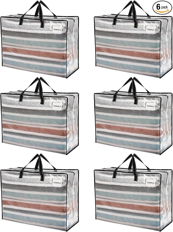 VENO 6 Pack Heavy Duty Moving Bags, Storage Bags, Packing Supplies, Top Zipper, Storage Totes for Camping, Clothes, Bedding, Comforters, Pillows (27 Gallon Clear, 6 Pack)
