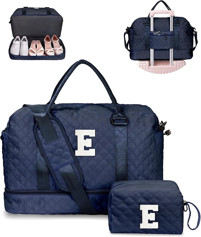 Initial Duffle with Shoe Compartment, Personalized Weekender Bag with Shoulder Strap, Overnight Travel Bag with Makeup Pouch for Women (Letter E)