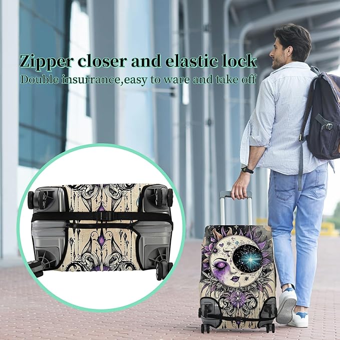 Luggage Cover Suitcase Protector Plus 1 Luggage Tag, Gothic Moon Face Travel Suitcase Cover for 18-20 inch Luggage (S) with Concealed Zipper Washable Elastic Cloth Dustproof Anti-Scratch