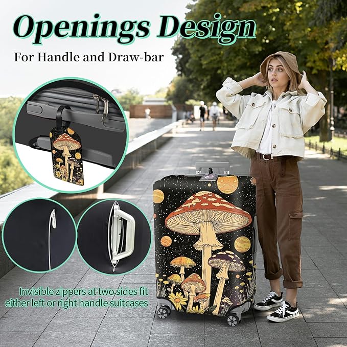 Luggage Cover + Tag, Mushrooms Travel Suitcase Protector for 18-20 inch Luggage (S) with Concealed Zipper, Washable Elastic Cloth, Dustproof, Anti-Scratch