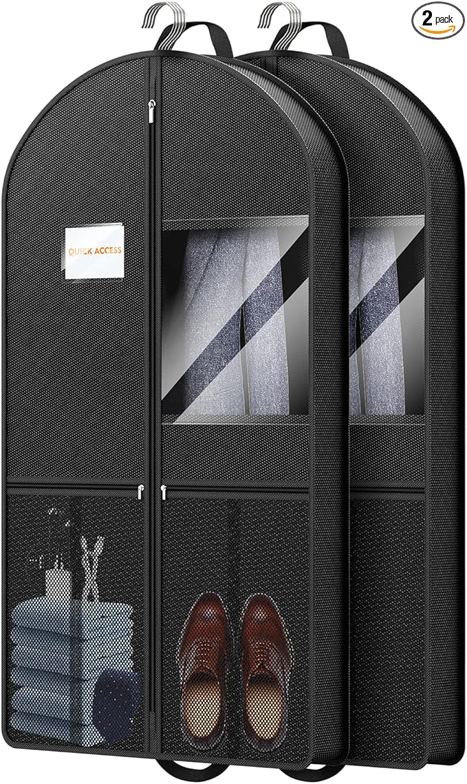Garment Bag Travel Hanging Clothes: 43 Inch 2 Packs Fabric Breathable Foldable Zippered Pockets - Closet Storage Cover Packable - Men's Suit Shirts Uniform Jacket Jersey Tuxedo