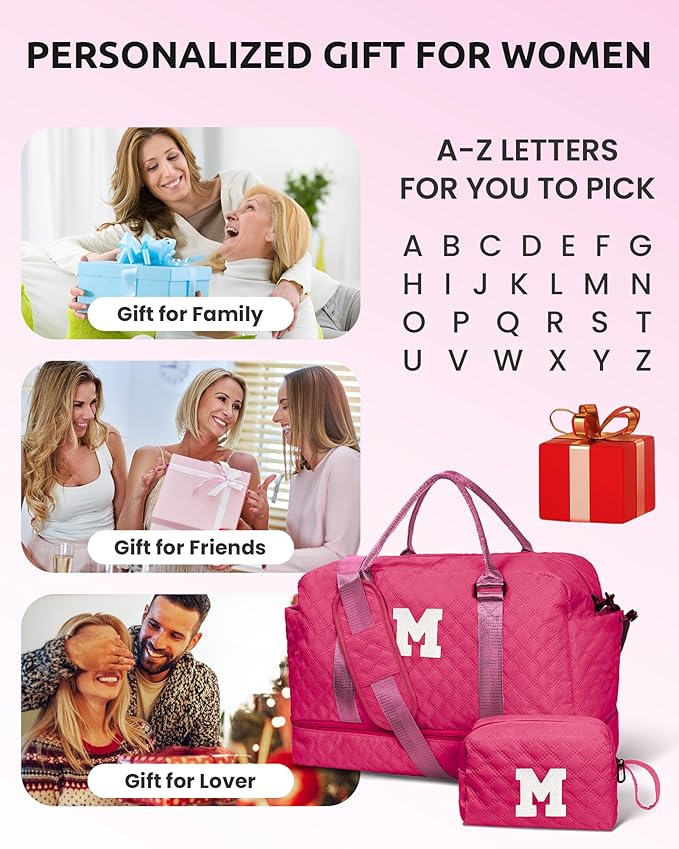 Womens Gifts for Birthday-Initial Travel Bag with Shoe Compartment, Personalized Weekender Bag, Monogram Overnight Bag for Women, Letter Travel Bag with Makeup Bag Ladies Gifts (Letter S)