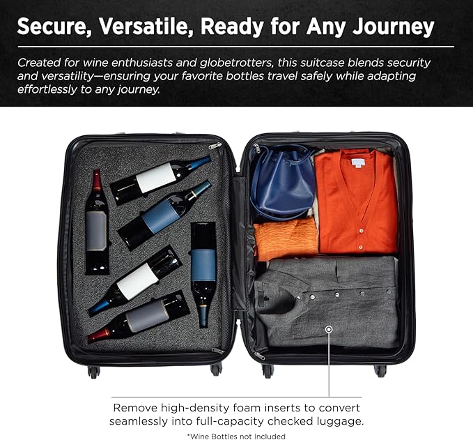FlyWithWine® by VinGardeValise 12 Bottle Hard Shell Wine Suitcase with Hinomoto 360 Degree Spinner Wheels for Airplanes, TSA Approved Wine Luggage with Removable Foam Insert