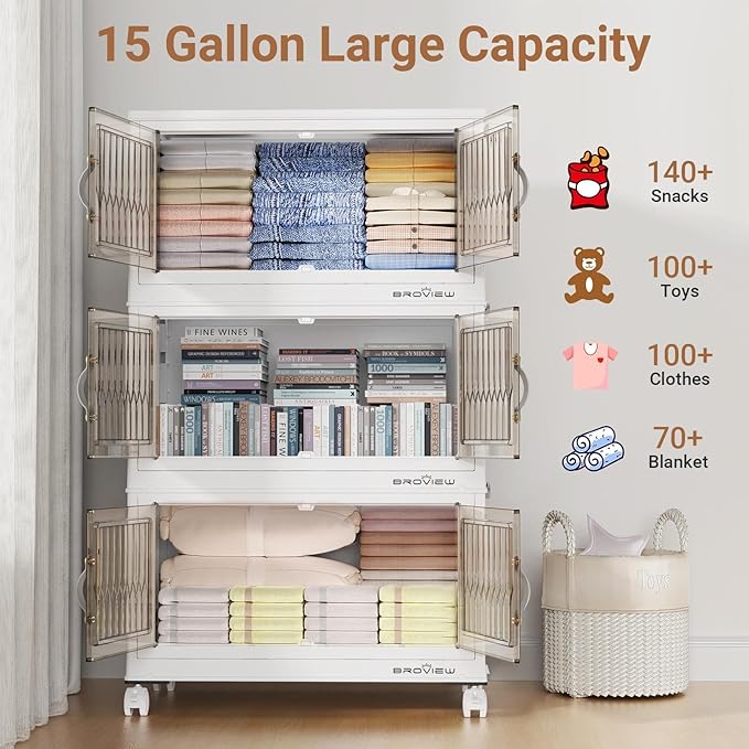 BROVIEW 300Qt Stackable Storage Bins with Lid, Extra Large Closet Organizer Collapsible Drawer Boxes with Wheels, Folding Plastic Cabinet Containers for Home Kitchen Room Organization, 5Pack White