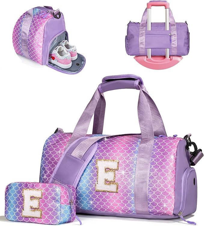 Birthday Gifts for 4 5 6 7 8 9 10 11 12 13 Year Old Girls-Girl Gym Bag with Shoe Compartment, Kid Weekender Dance Bags,Travel Tote with Makeup Pouch, Preppy Things for Kids (Letter E)