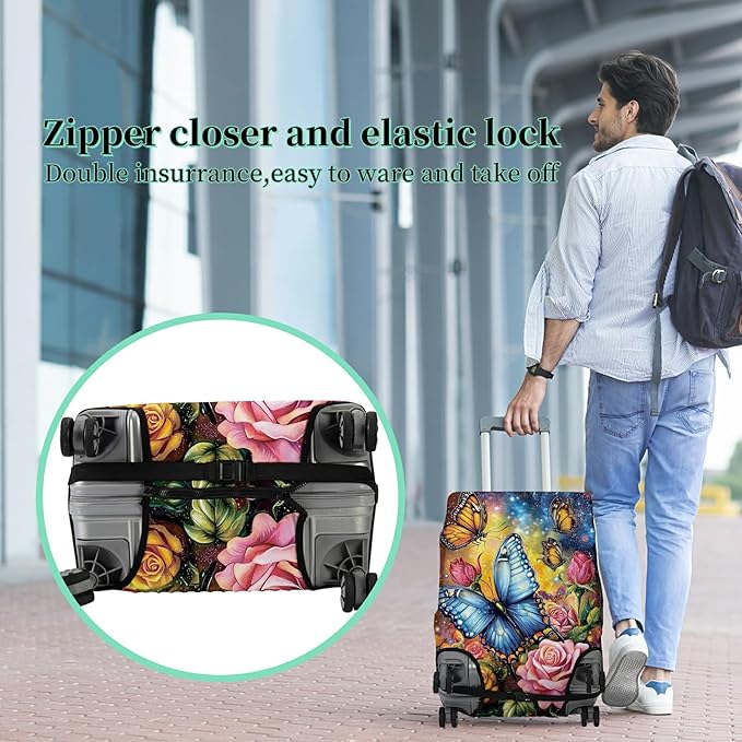 Luggage Cover + Tag, Colorful Rose Butterfly Travel Suitcase Cover for 24 inch Luggage (M) with Concealed Zipper, Washable Elastic Cloth, Dustproof, Anti-Scratch