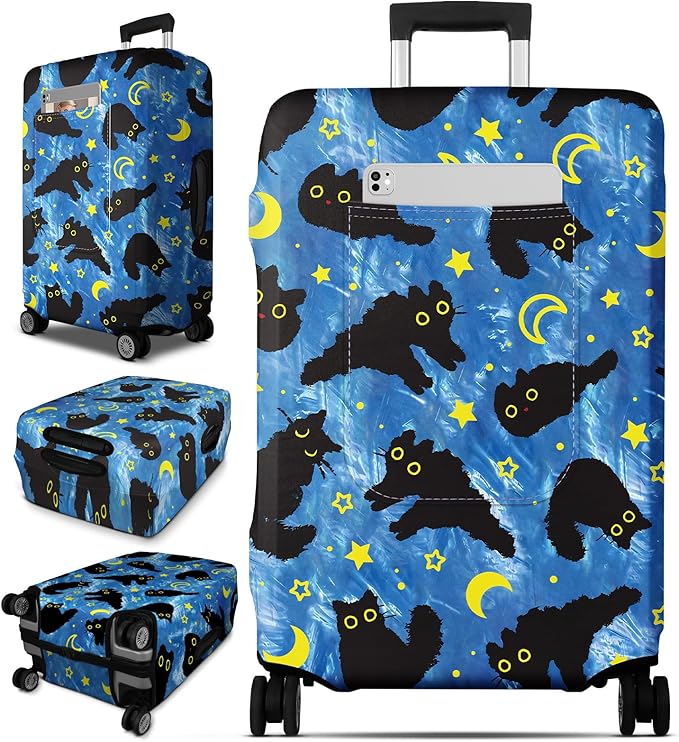 Slohif Luggage Cover for Suitcase Tsa Approved Protector - Luggage Sleeve Large Suit Case Cover Travel Stretch Baggage Case Protective Washable Fit 21-23 Inch Black Cat S