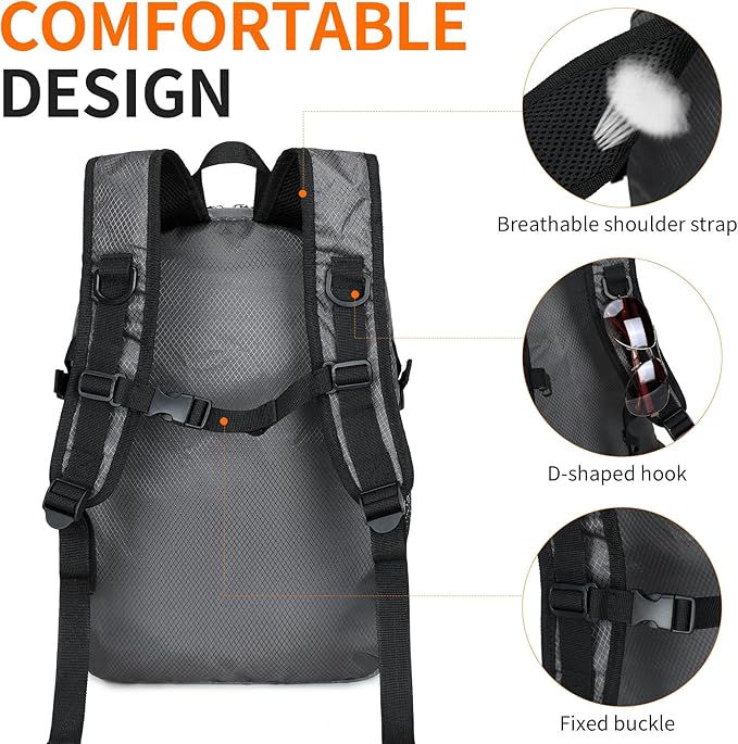 Small Hiking Daypack,15L Waterproof Hiking Backpack Packable Lightweight Travel Day Pack for Women Men (Grey, Small)