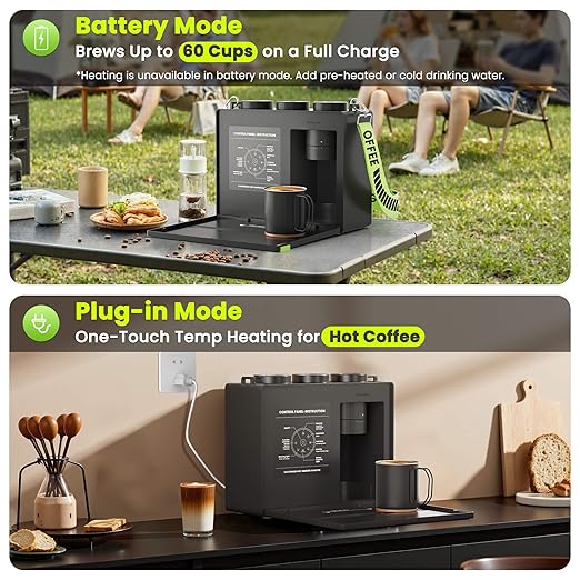 Candy™ Portable Espresso Coffee Maker with Strap for Travel, 3 in 1 One-Touch Operation, Rechargeable Up to 60 Cups(Cold), for Ground, Ideal for Camping, RV & Outdoor Use, Fast Heating in Plug-in Mode