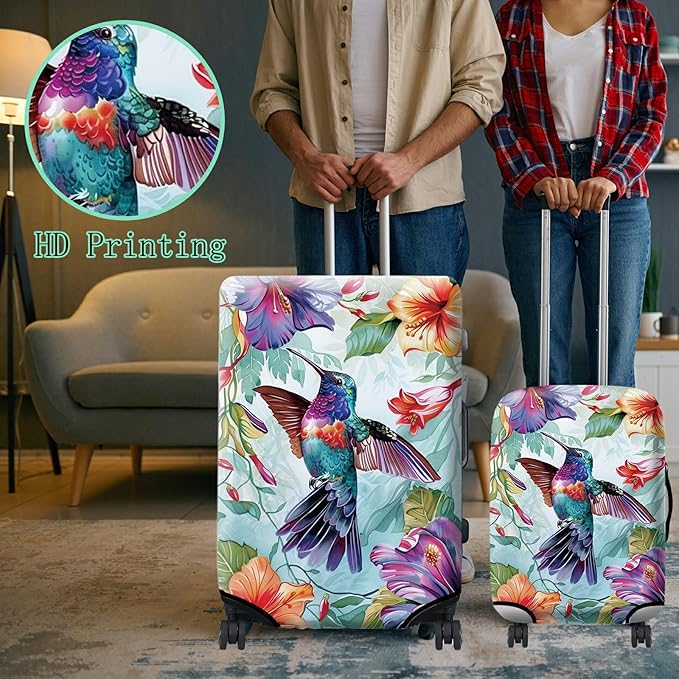 Luggage Cover Suitcase Protector Plus 1 Luggage Tag, Color Hummingbirds Travel Suitcase Cover for 26-28 inch Luggage (L) with Concealed Zipper Washable Elastic Cloth Dustproof Anti-Scratch