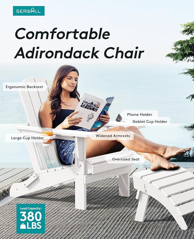 SERWALL Adirondack Chair with Cup Holders - Composite Adirondack Chairs Set of 8 HDPE Outdoor Chairs All Weather Use- White