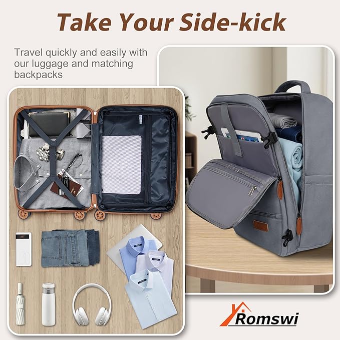 Romswi Luggage Sets 2 Piece 22In, Expandable 22x14x9 Carry On Luggage with Travel Backpack, PC+ABS Hardside Suitcase Set with TSA Lock, Durable Carry On Suitcase with Spinner Wheels Silver