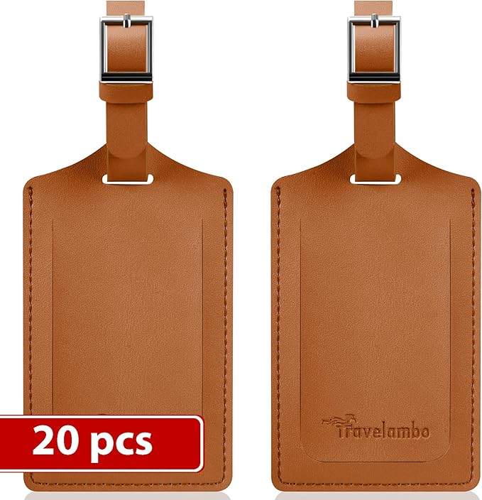 Travelambo Luggage Tags for Suitcases Faux Leather Privacy Protection 20 Pack Bag Tags Travel Accessories Essential, Yellowish Brown