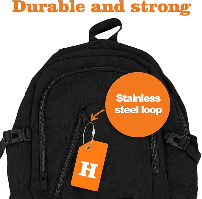 8 Pcs Luggage Tags for Suitcases, 26 Initial Letter Travel Luggage Baggage Identification Labels ID Tags Fully Bendable Tags with Stainless Steel Loop (Letter H, Orange)