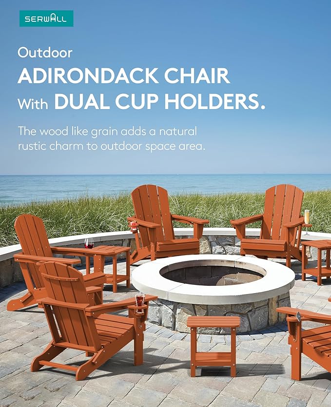 SERWALL Adirondack Chair with Cup Holders - Composite Adirondack Chairs Set of 8 HDPE Outdoor Chairs All Weather Use- Orange