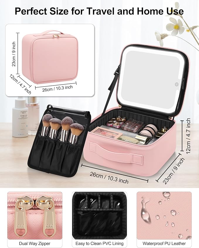 Chomeiu Makeup Bag with LED Mirror, Cute Cosmetic Bags Birthday Gifts for Girls Women, Makeup Train Case Artists Organizer Large Make Up Bags with Light Up Mirror 3 Color Lights, Pink