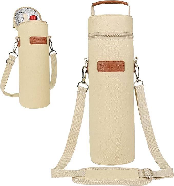 opux Wine Bag Single Bottle Carrier Tote, Insulated Wine Cooler Bag for Travel Picnic Beach with Shoulder Strap, Thermal One Bottle Holder Carrying Case Wine Gift for Women Men, Beige Cream
