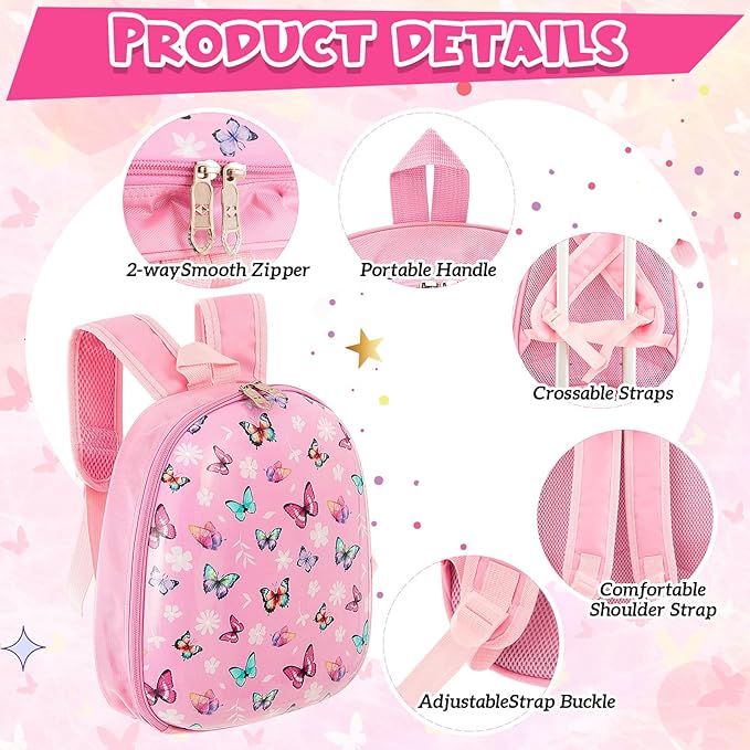 Sanwuta 4 Pcs Kids Luggage Set Kids Backpack Travel Rolling Suitcase with Wheels U-shape Pillow Childrens Gift for Girls Boys(17 Inch,Butterfly Style,Rose Pink)