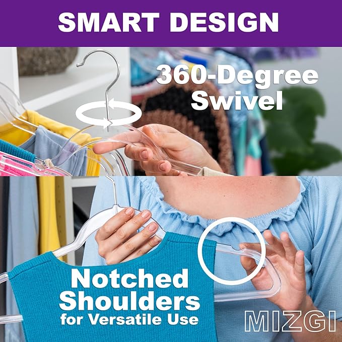 MIZGI 50 Pack Clear Plastic Hangers - Premium Thick Invisible Space Saving Hanger with 360° Swivel Hook, Ultra Slim Hangers for Suits, Dresses, Shirts, Coats & Pants