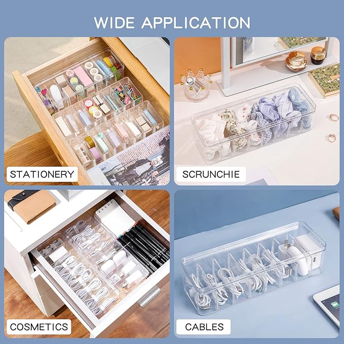 Yesesion 2pcs Clear Plastic Cable Organizer Boxes with Adjustment Compartments, Desk Accessories Storage Case with Lid and 20 Wire Ties for Drawer, Office Supply, Electronic Management