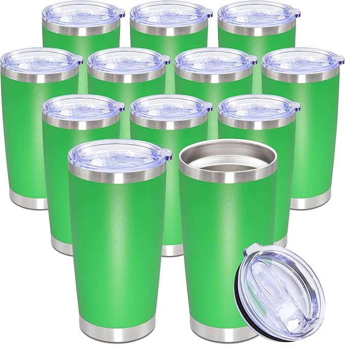 20oz Tumbler Bulk Stainless Steel Tumbler Cup with Lid Vacuum Insulated Double Wall Travel Mug, Durable Powder Coated Travel Coffee Tumbler Mug for Hot & Cold Drinks, Green,12 Pack