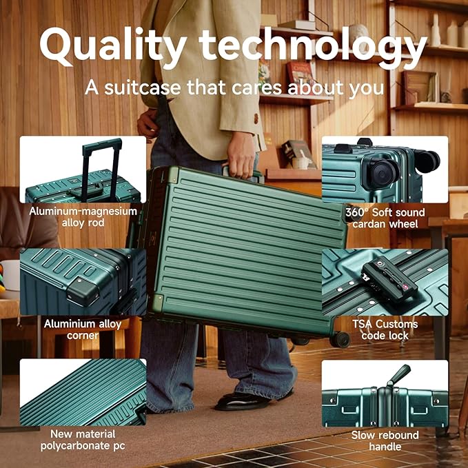 ROAMING Zipperless Luggage 28 Inch with Aluminum Frame, Checked-Large Lightweight 3-Layer PC Hard Shell Suitcase with Spinner Wheels, Metal Travel Luggage with Three TSA Locks, Dark Night Green