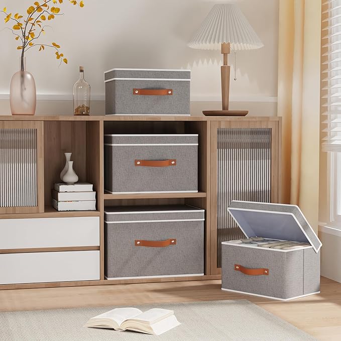Collapsible Storage Bins with Lids, 3 Pack Linen Foldable Cloth Baskets, 15 x 9.8 x 9.8 Inch Closet Organizer Containers with Double Handles, Sweater Boxes for Bedroom, Grey