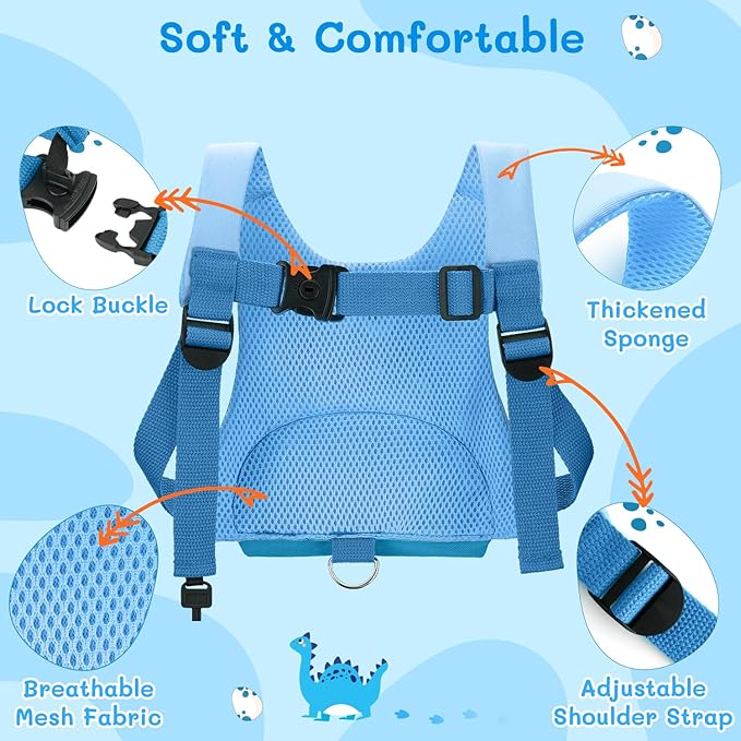 Dr.meter 3 in 1 Toddler Harness Leash + 8.2ft Anti Lost Wrist Link, Cute Dinosaur Kids Safety Harness with Key Lock, Child Walking Harness Assistant Strap for Outdoor Activity Travel