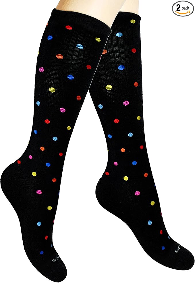 Cotton Compression Socks for Women & Men. 15-20 mmHg Support Knee-High Color Dots M/L