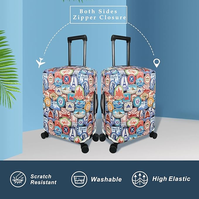 Explore Land Travel Luggage Cover Suitcase Protector Fits 27-30 Inch Case (Landmark Sticker, L)