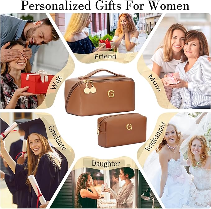Birthday Gifts for Women Teen Girl, Personalized Initial Makeup Organizer Bag Set, Open Flat Travel Cosmetic Bag With Clear Divider and Handle(Brown,G)