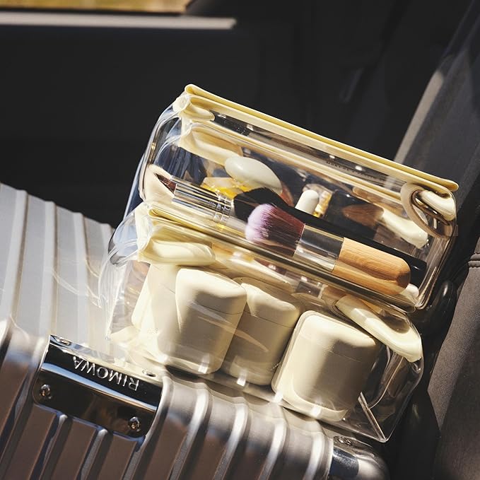Cadence Travel Containers - Body Care Capsule Set - Magnetic Containers with Lids,Carry On Travel Essentials for Women/Men - 3 Flex Mediums (1.32oz) - Body Wash, Lotion & Sun Icon Labels - Petal