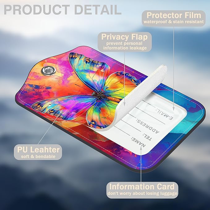 2 Pack Luggage Tags for Suitcases Colorful Butterfly Leather Luggage Tags Privacy Cover ID Label with Stainless Steel Loop and Address Card for Women Men Travel Bag Backpack