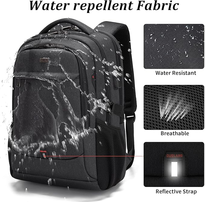 DUSLANG 17 Inch Laptop Backpack for Travel Water Resistant College Backpack for Men/Women Laptop Bag with USB Charging Port and Small Canvas Tote Bag, Black